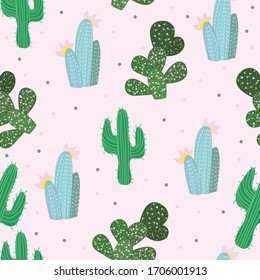 Vector  seamless pattern with different cactus on cream background. 
