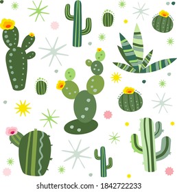 Vector seamless pattern with different cactus. Cute collections
