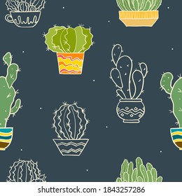 Vector seamless pattern with different cactus. Bright repeated texture with green cacti. Natural hand drawing background with desert Houseplant plants.