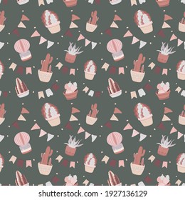 Vector seamless pattern with different cactus on dark green background. 
Colorful succulents and desert plants as a repeated background. Great for gift wrapping, fabric, textile.