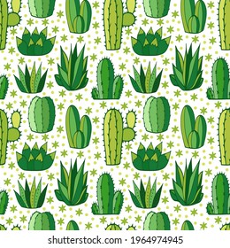 Vector seamless pattern with different cactus. Succulent textile surface. Background with desert plants.