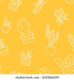 Vector seamless pattern with different cactus and succulents on a yellow background. Outline illustration.