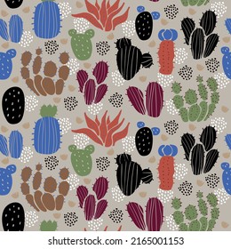 Vector seamless pattern with different cactus. Bright repeated texture with green cacti. Natural hand drawing background with desert plants.