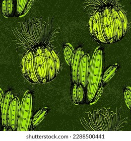 Vector seamless pattern with different cactus. Bright repeated texture with green cacti. Natural hand drawing background with desert plants for fabric, paper and other printing and web projects.