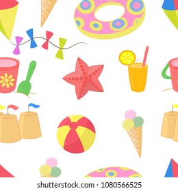 Vector seamless pattern with a lot of different child summer sea vacation items: sand bucket, ice cream, kite, swimming circle, juice, starfish, ball