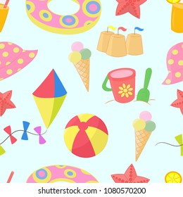 Vector seamless pattern with a lot of different child summer sea vacation items: sand bucket, ice cream, kite, swimming circle, juice, starfish, ball, hat