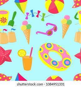 Vector seamless pattern with a lot of different child summer sea vacation items: scoop bucket, ice cream, kite, swimming circle, juice, starfish, ball, hat
