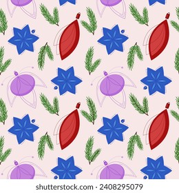 Vector seamless pattern with different Christmas bauble in red, blue, pink color and Christmas tree branch. Festive background for tablecloth, wrapping paper, paper bags, textiles, fabrics, decoration