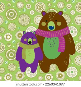 Vector seamless pattern with different circles and bears.