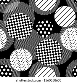 Vector of seamless pattern with different circles.White on black background.Polka dots