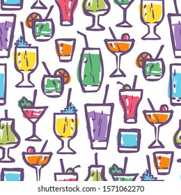 Vector seamless pattern with different cocktails. Retro pattern for cocktail party. Vector pattern with alcohol drinks.
