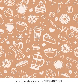 Vector seamless pattern with different coffee and dessert elements. Cute hand drawn design for wrapping paper, wallpaper, textile 