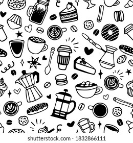 Vector seamless pattern with different coffee and dessert elements. Cute hand drawn design for wrapping paper, wallpaper, textile 