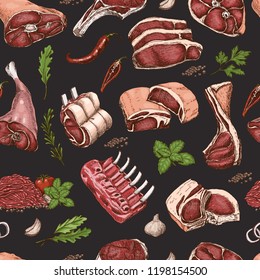 Vector seamless pattern with different color meats in sketch style. Vector illustration for your design
