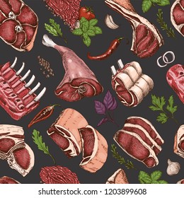 Vector seamless pattern with different color meats in sketch style. Vector illustration for your design