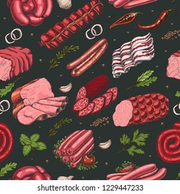 Vector seamless pattern with different color meat products in sketch style. Sausages, ham, bacon, lard, salami. Vector illustration for your design