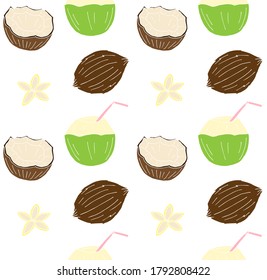 Vector seamless pattern of different color hand drawn doodle sketch coconut isolated on white background