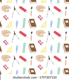 Vector seamless pattern of different color hand drawn doodle sketch school office chancellery on white background