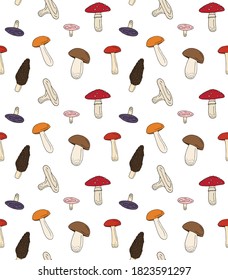 Vector seamless pattern of different color hand drawn doodle sketch mushroom isolated on white background