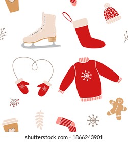 Vector seamless pattern of different color hand drawn doodle sketch winter elements isolated on white background
