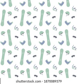 Vector seamless pattern of different color hand drawn doodle sketch snowboard equipment isolated on white background