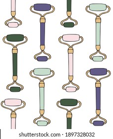 Vector seamless pattern of different color hand drawn doodle sketch gua sha face massage roller isolated on white background