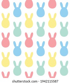 Vector seamless pattern of different color flat egg with rabbit ears silhouette isolated on white background