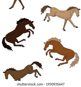 Vector seamless pattern of different color hand drawn doodle sketch kicking horse isolated on white background