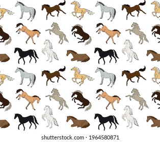 Vector seamless pattern of different color hand drawn doodle sketch horse isolated on white background
