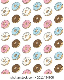 Vector seamless pattern of different color hand drawn doodle sketch donut isolated on white background
