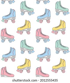 Vector seamless pattern of different color hand drawn doodle sketch quad roller skate isolated on white background