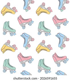 Vector seamless pattern of different color hand drawn sketch doodle retro quad roller skates isolated on white background