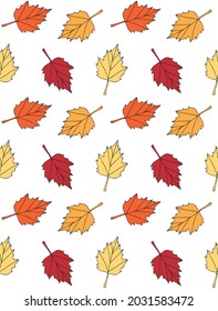 Vector seamless pattern of different color hand drawn doodle sketch autumn leaves isolated on white background