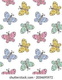 Vector Seamless Pattern Of Different Color Hand Drawn Doodle Sketch Butterfly Butter Fly Isolated On White Background