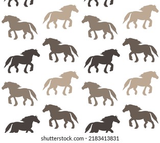 Vector seamless pattern of different color hand drawn gypsy horse silhouette isolated on white background