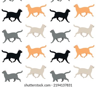 Vector seamless pattern of different color flat hand drawn cat isolated on white background