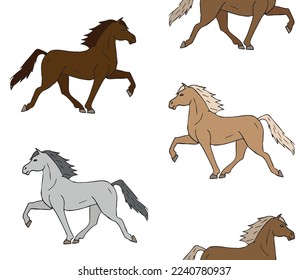 Patrón vectorial sin fisuras de diferentes colores dibujado a mano boceto caballo islandés aislado en fondo blanco