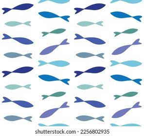 Vector seamless pattern of different color hand drawn sketch doodle fish silhouette isolated on white background