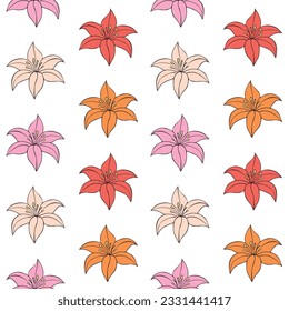 Vector seamless pattern of different color hand drawn doodle sketch Lilly flower isolated on white background