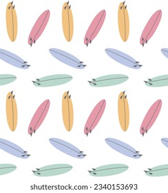 Vector seamless pattern of different color hand drawn flat surfboard isolated on white background