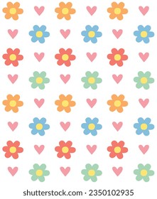 Vector seamless pattern of different color flat hand drawn flowers and hearts isolated on white background