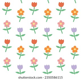 Vector seamless pattern of different color hand drawn doodle flat flower isolated on white background