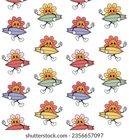 Vector seamless pattern of different color retro groovy cartoon flower with surf board isolated on white background