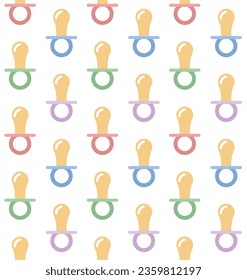 Vector seamless pattern of different color flat baby pacifier isolated on white background