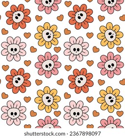 Vector seamless pattern of different color groovy cartoon flower skull isolated on white background