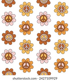 Vector seamless pattern of different color groovy flower with peace sign isolated on white background