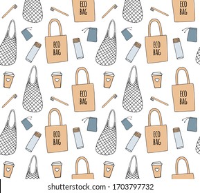 Vector seamless pattern of different colored hand drawn doodle sketch eco friendly zero waste shopping bags and accessories isolated on white background