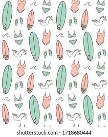 Vector seamless pattern of different colored hand drawn doodle sketch beach surf and swimming suit and accessories isolated on white background