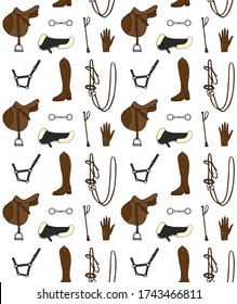Vector seamless pattern of different colored hand drawn doodle sketch equestrian horse riding equipment isolated on white background