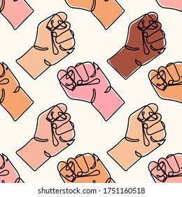 Vector seamless pattern and different colored human hands  Continuous line drawing strong fist  Arm and clenched fingers  Black lives matter  Concept fight for human rights  Stop racism